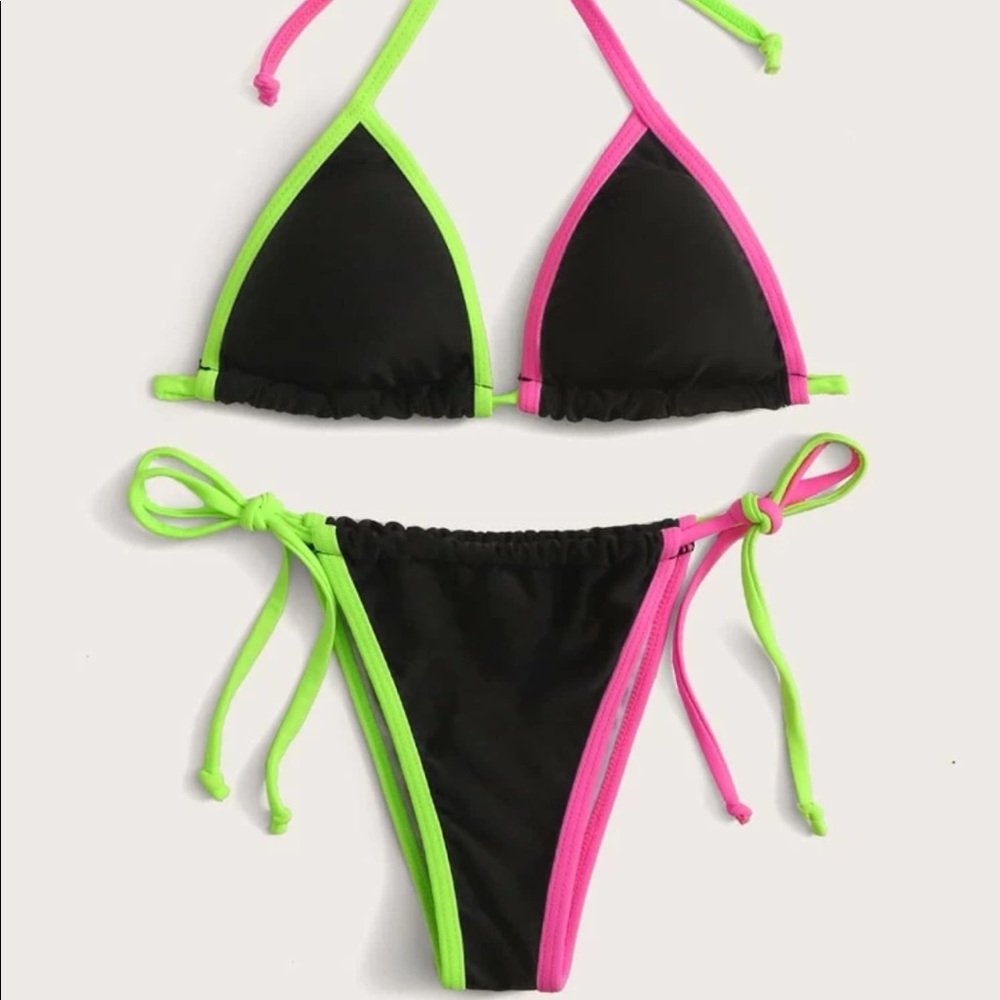Contrast Binding Triangle Tie Side Bikini Swimsuit